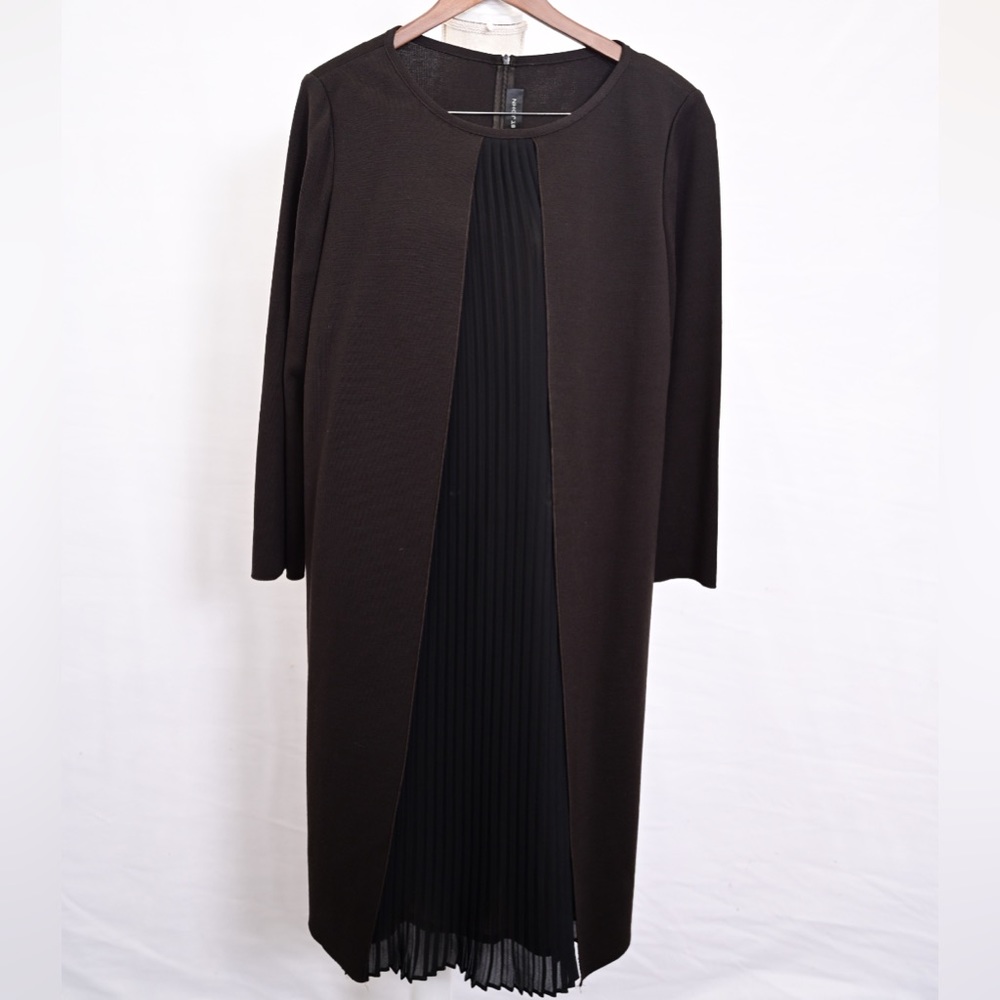 St. John Black Zip up Dress, Pleated Sheer Front
